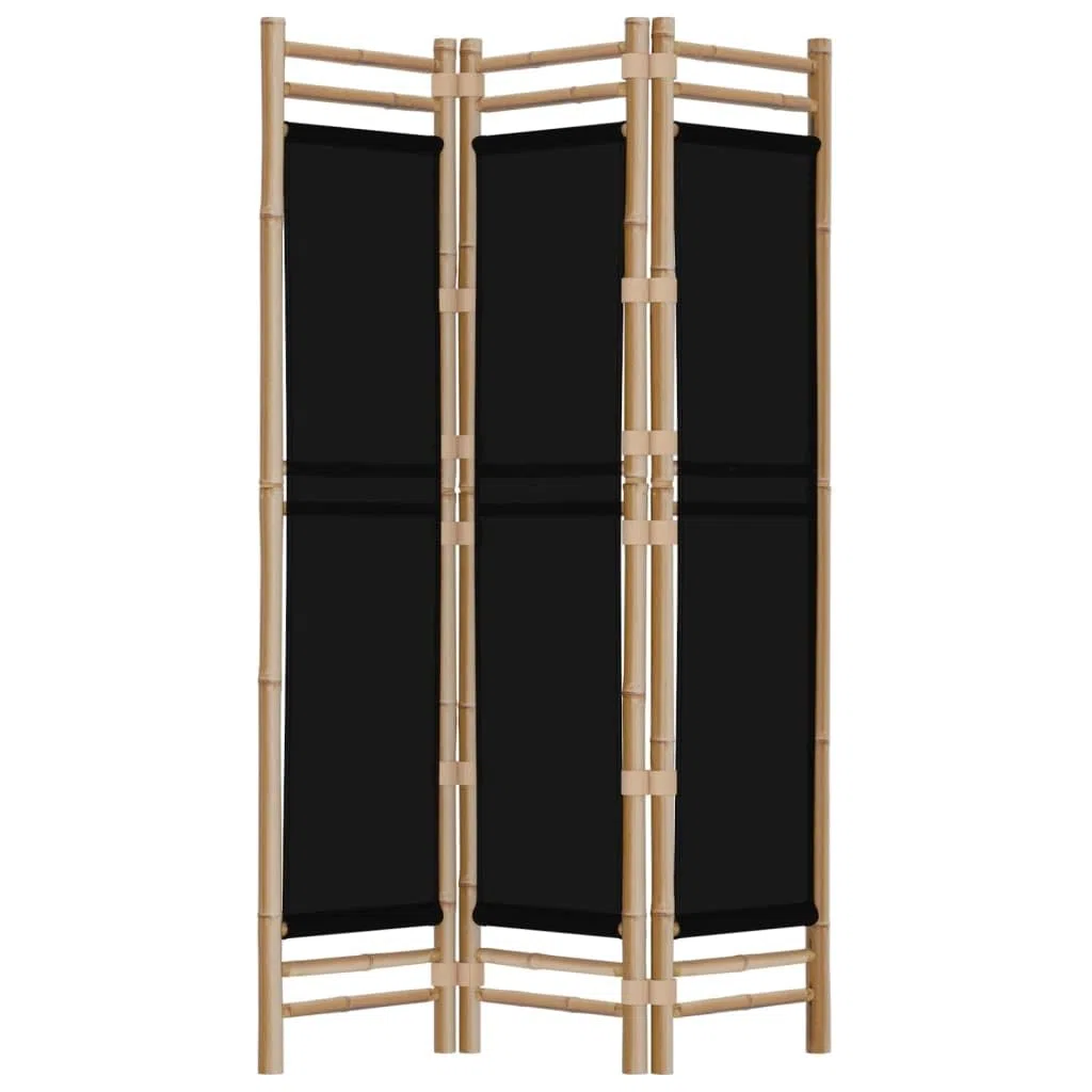Paravent Pliant à 3 Panneaux, Bambou et Toile, Séparateur de Pièce Intérieur/Extérieur, Facile à Plier, Couleur Noire, 120 x 180 cm