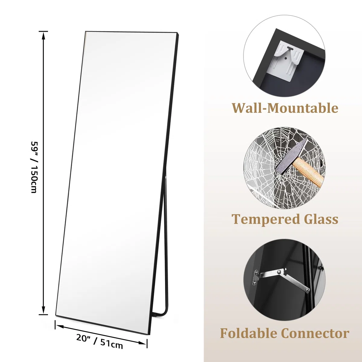 Hoikwo Miroir pleine longueur 150 x 51 cm, miroir sur pied avec cadre noir pour chambre à coucher, salon ou salle de bain