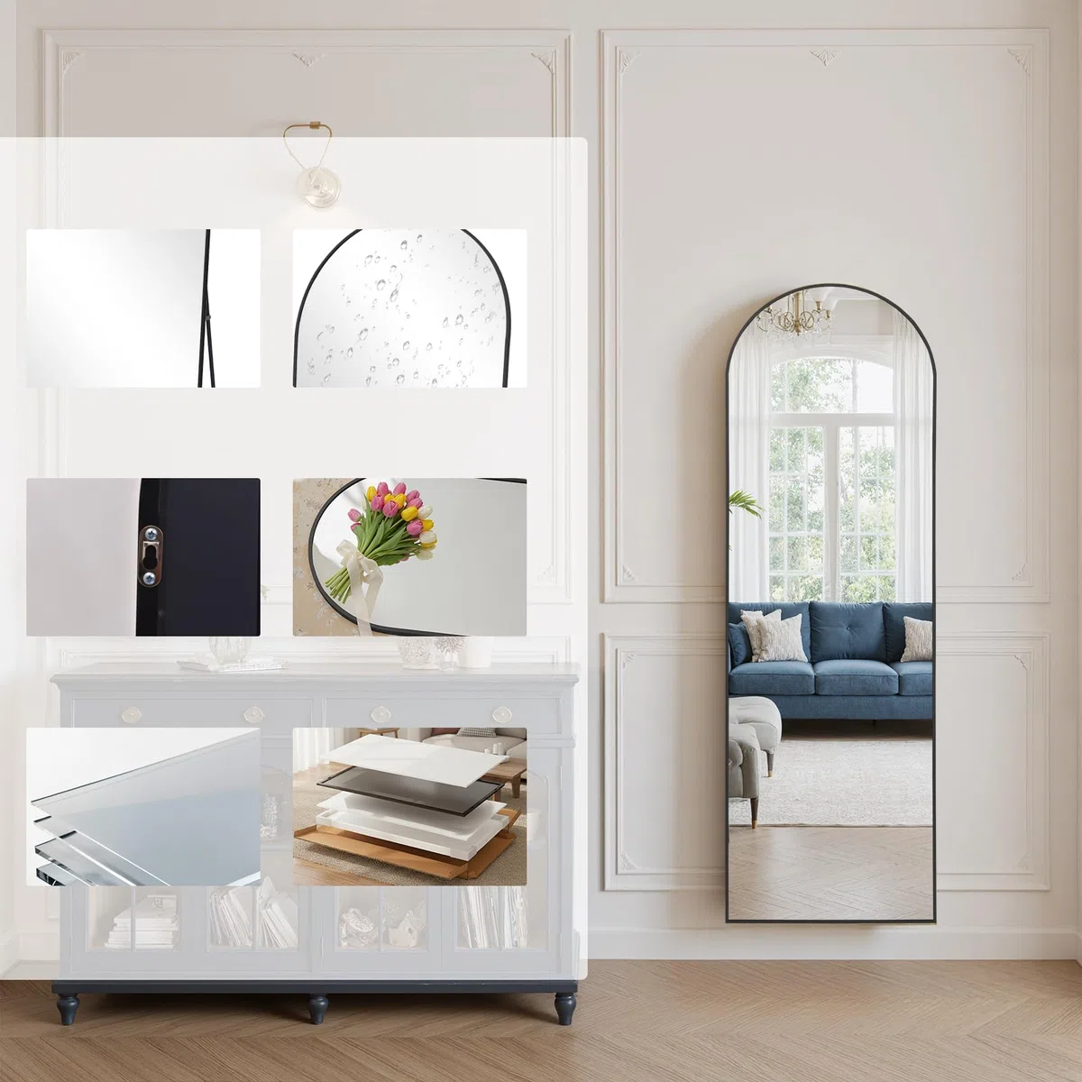 Reflix Miroir complet - 147 x 44 cm - Miroir sur pied incurvé avec support - Cadre en alliage d'aluminium - Position debout ou appuyée - Pour chambre à coucher, salon - Noir