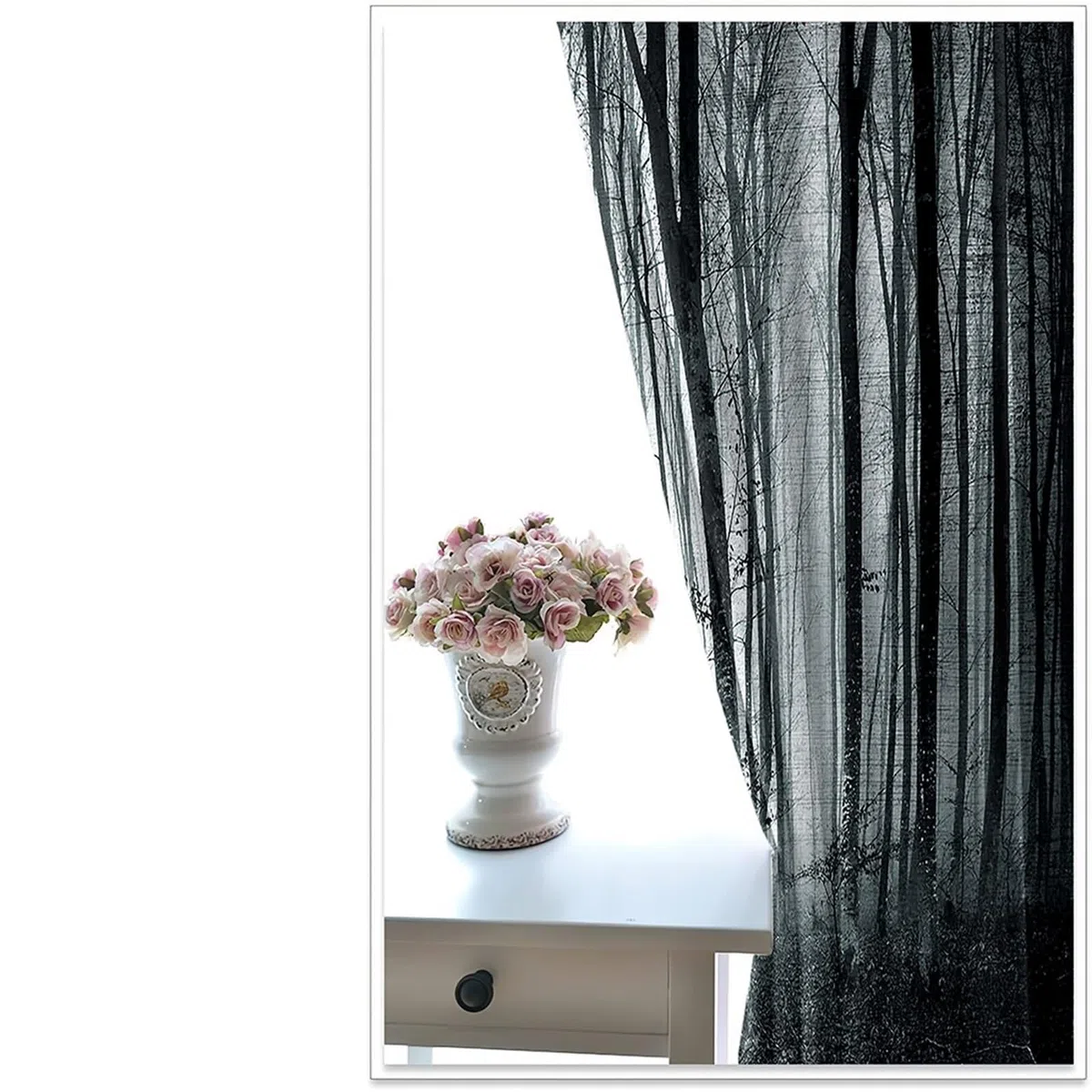 Voilage Cuisine, Rideau Salon Automne Blanc Gris Arbres Psychédéliques Polyester 2 Panneaux 488x229cm
