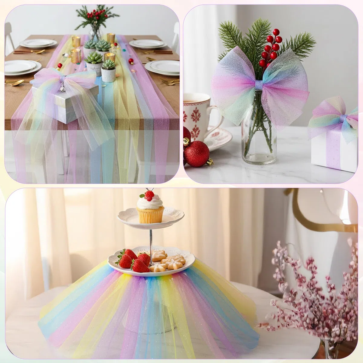 Chemin de table - Arc-en-ciel - Paillettes - 30 cm x 9 m - En tulle à paillettes - Décoration de sac d'école - Tissu pour filles - Fil de tulle pour anniversaires, fêtes de contes de fées, projets de