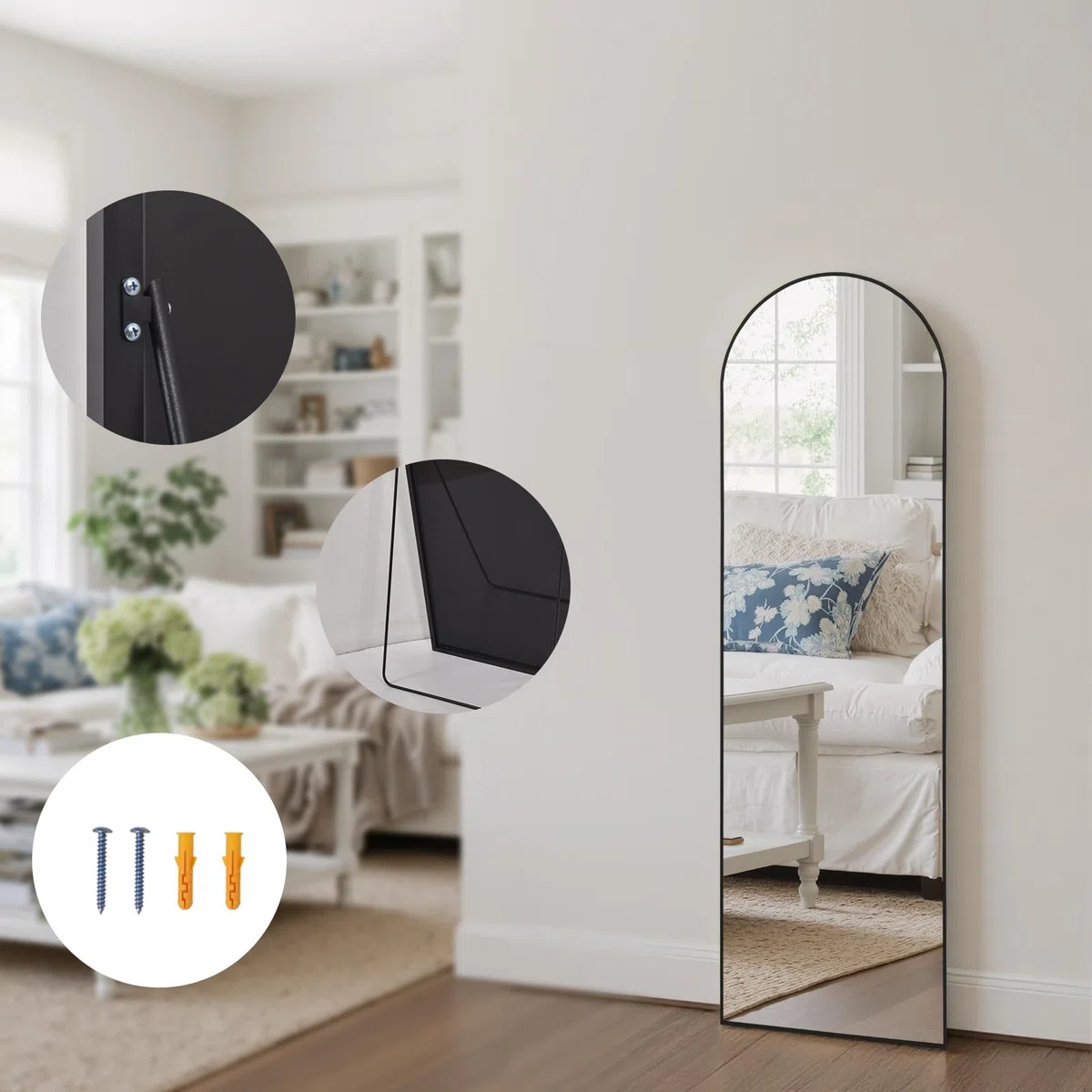 Reflix Miroir complet - 147 x 44 cm - Miroir sur pied incurvé avec support - Cadre en alliage d'aluminium - Position debout ou appuyée - Pour chambre à coucher, salon - Noir