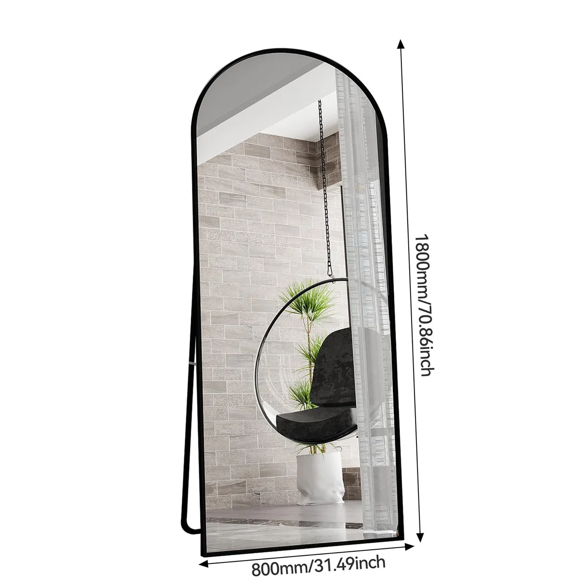 Grand Miroir sur Pied, 180 X 80 cm, avec Cadre en Aluminium, Support en Métal, Miroir Arche Incliné ou Suspendu, pour Salon, Chambre à Coucher, Entrée (Noir arqué, 180 x 80 cm)