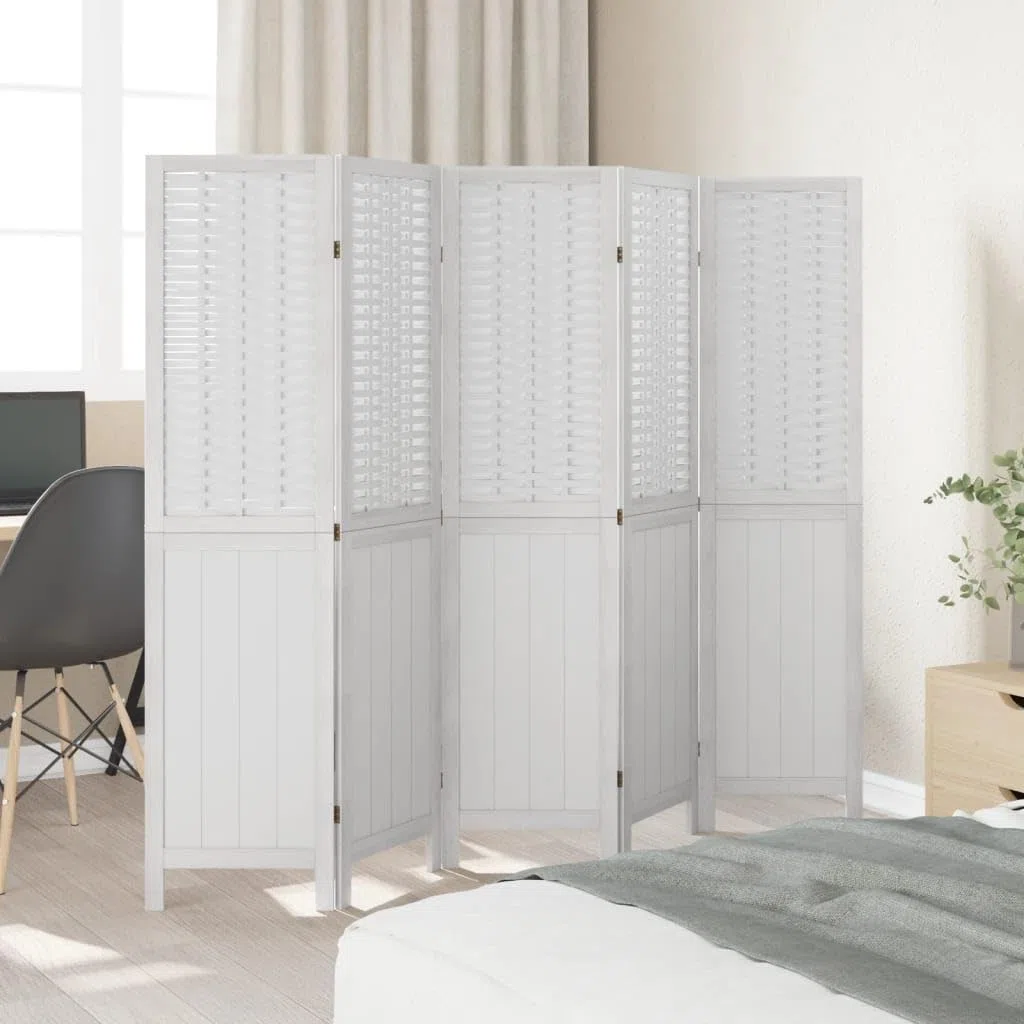 Makastle Paravent Intérieur 5 Panneaux en Bois de Paulownia Massif Blanc 175-180 x 160 cm Autoportant pour Chambre Bureau Salon