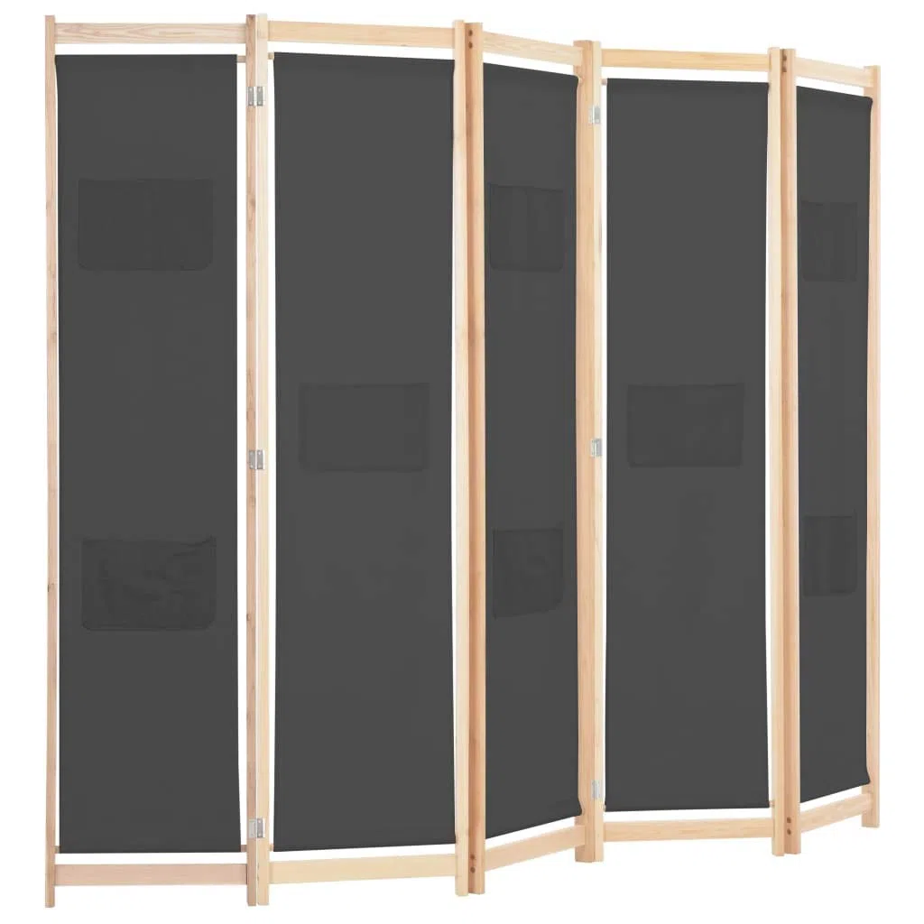 Cloison de séparation 5 Panneaux Gris en Tissu 200 x 170 x 4 cm Cadre Sapin Massif modulable pour délimitation Espace Chambre Salon Bureau Organisation et intimité
