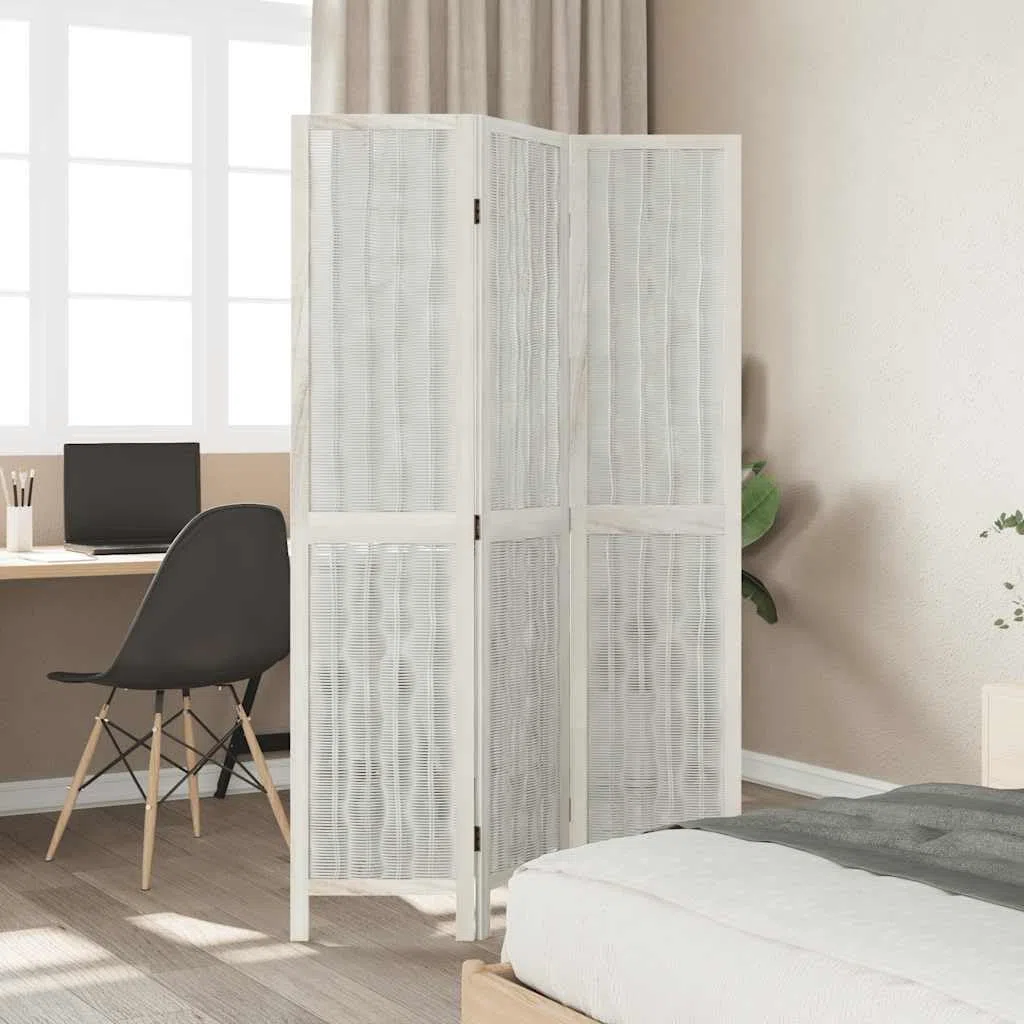 Paravent 3 pièces blanc en bois massif de paulownia avec branches de saule, 105-110 x 180 cm, paravent pliable pour salon, chambre à coucher, bureau, brise-vue et séparateur de pièce