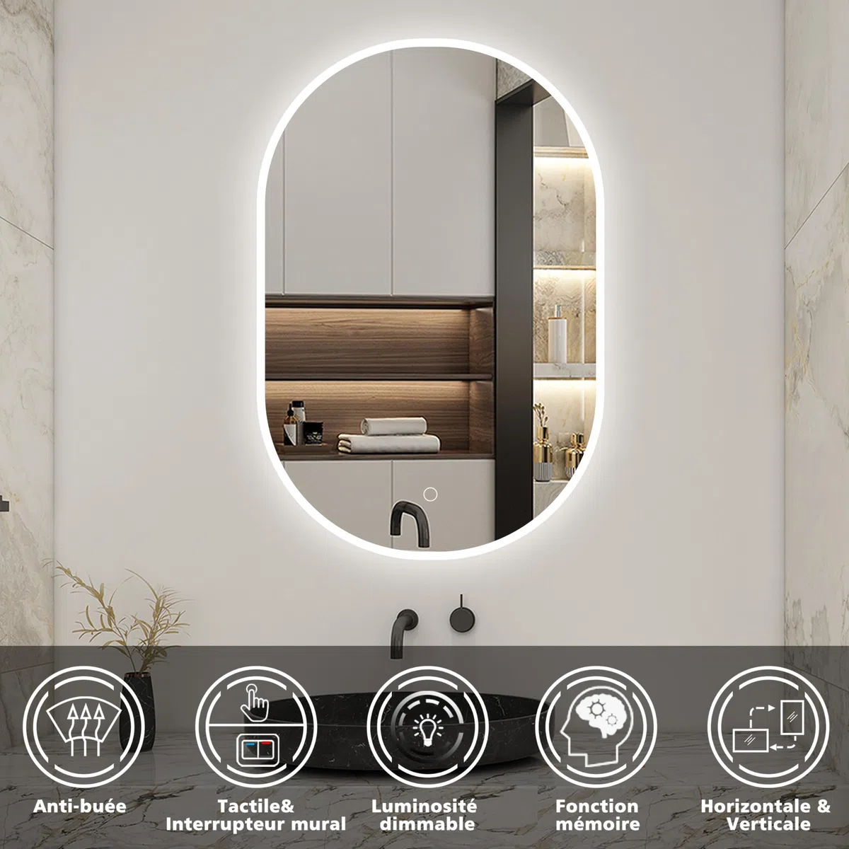 AICA Miroir de Salle de Bain Ovale 45x75cm, Miroir Mural LED avec Dimmable + Anti-buée