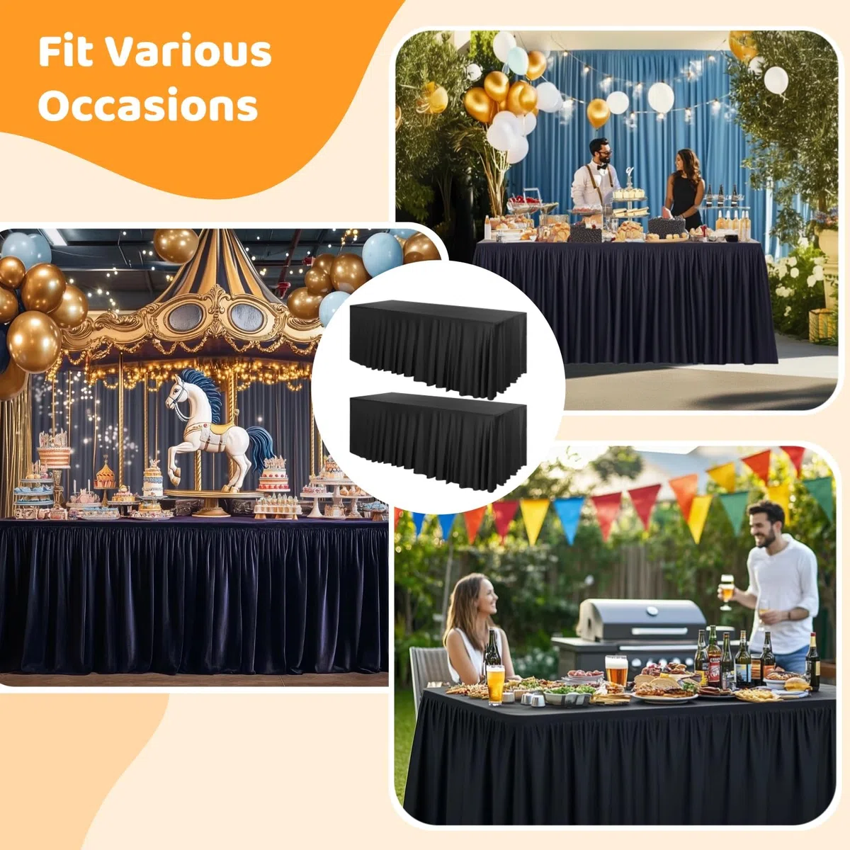 Lot de 2 jupes de table noires, housses extensibles en spandex pour tables rectangulaires de 1,83 m, cache-table élastique pour cocktails, mariages, banquets, expositions, fêtes et réceptions