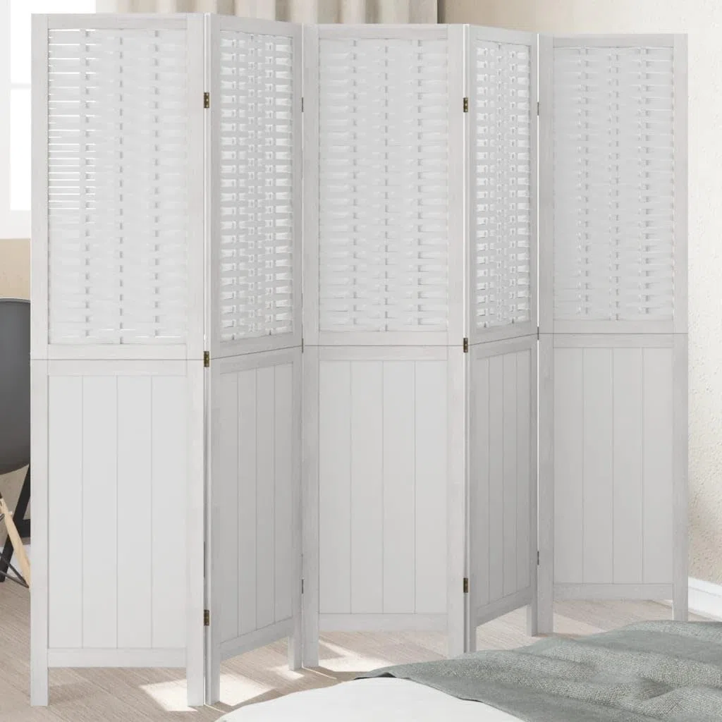 Makastle Paravent Intérieur 5 Panneaux en Bois de Paulownia Massif Blanc 175-180 x 160 cm Autoportant pour Chambre Bureau Salon