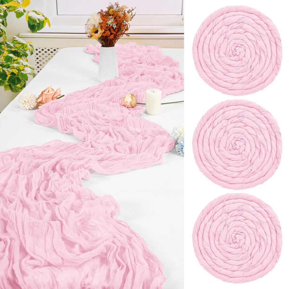 Lot de 3 chemins de Table en étamine, Chemin de Table Romantique Transparent - Chemin de Table Rustique en Gaze de Style bohème - pour fête de Mariage, fête prénuptiale - Rose Clair - 55 x 300 cm