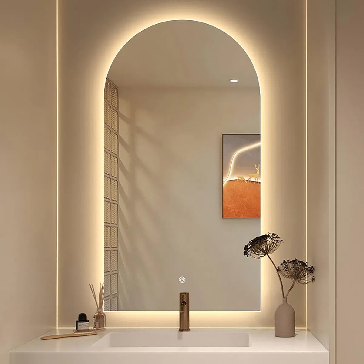 de Salle de Bain en Arc avec lumière 50x70cm Miroir Lumineux en Arc pour Salle de Bain Miroir de courtoisie Mural à intensité Variable 3 Couleurs Miroir d'arche intelligen (50x80cm/19.7x31.5in)