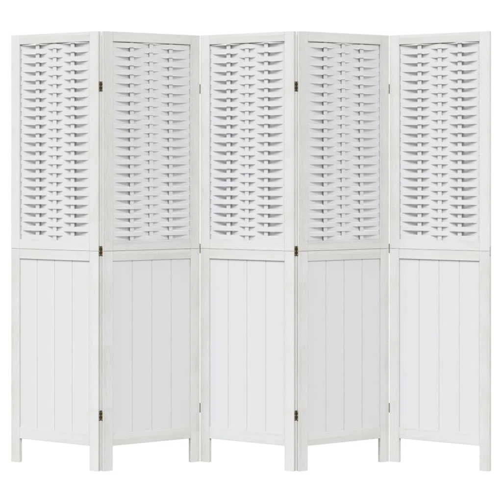 Makastle Paravent Intérieur 5 Panneaux en Bois de Paulownia Massif Blanc 175-180 x 160 cm Autoportant pour Chambre Bureau Salon