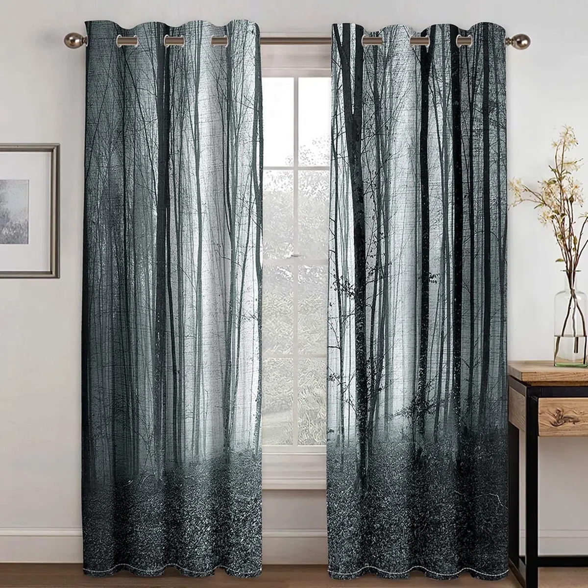 Voilage Cuisine, Rideau Salon Automne Blanc Gris Arbres Psychédéliques Polyester 2 Panneaux 488x229cm