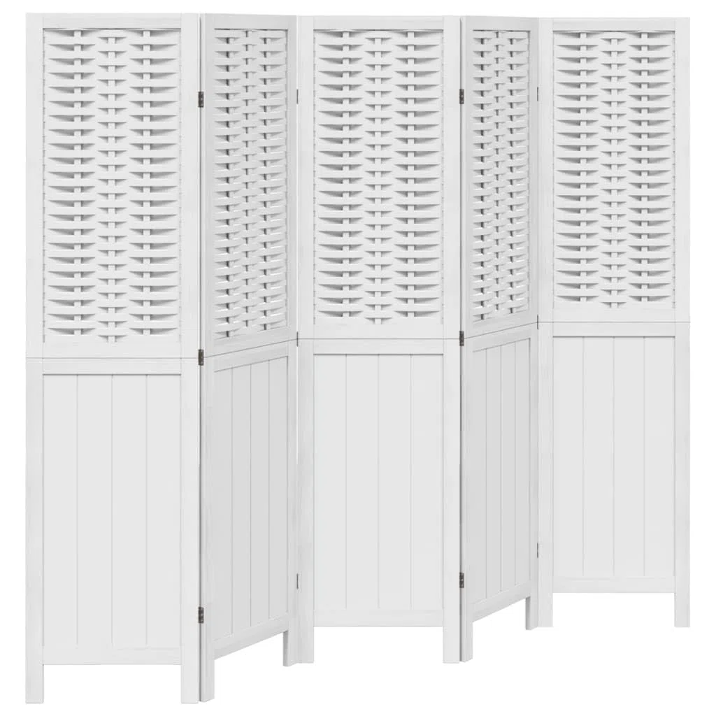 Makastle Paravent Intérieur 5 Panneaux en Bois de Paulownia Massif Blanc 175-180 x 160 cm Autoportant pour Chambre Bureau Salon