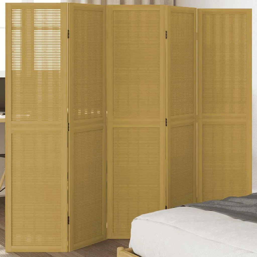 Lot de 5 paravents en bois massif de paulownia marron avec brise-vue en bambou, cloison de séparation pliable pour chambre à coucher, salon, bureau