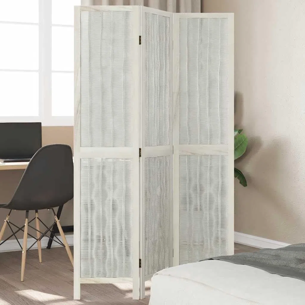 Paravent 3 pièces blanc en bois massif de paulownia avec branches de saule, 105-110 x 180 cm, paravent pliable pour salon, chambre à coucher, bureau, brise-vue et séparateur de pièce