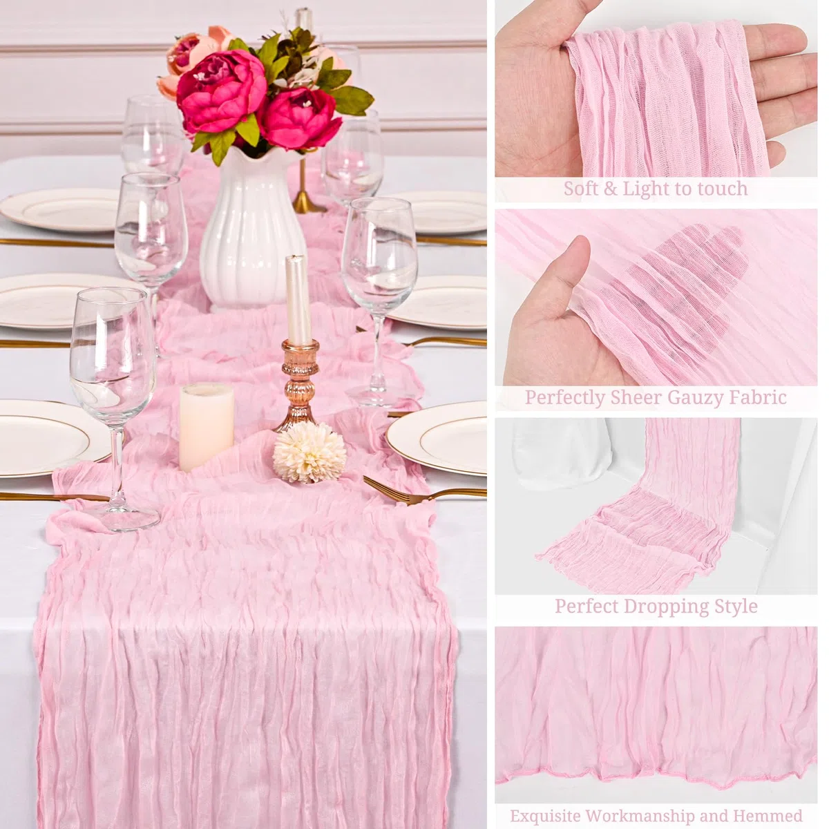 Lot de 3 chemins de Table en étamine, Chemin de Table Romantique Transparent - Chemin de Table Rustique en Gaze de Style bohème - pour fête de Mariage, fête prénuptiale - Rose Clair - 55 x 300 cm