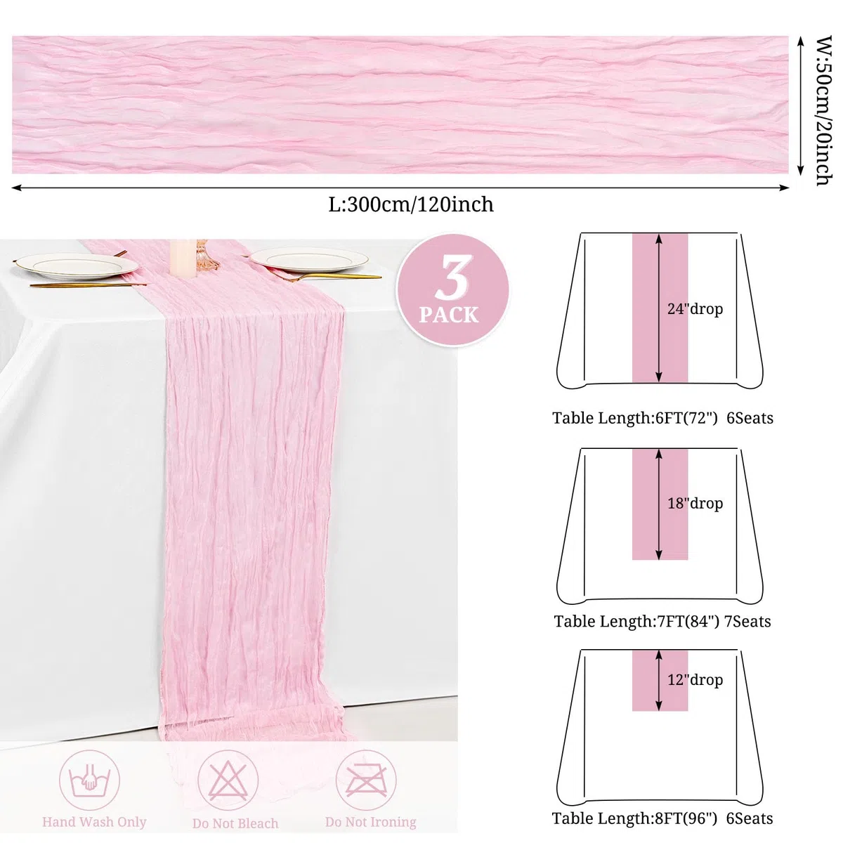 Lot de 3 chemins de Table en étamine, Chemin de Table Romantique Transparent - Chemin de Table Rustique en Gaze de Style bohème - pour fête de Mariage, fête prénuptiale - Rose Clair - 55 x 300 cm