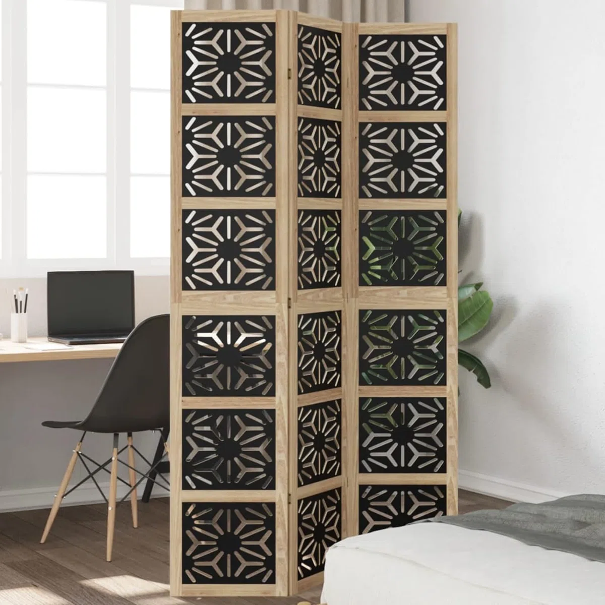 ATOMSTACK MAKER Paravent pliable 3 pièces en bois massif de paulownia et bois - Marron/noir - 105-110 x 200 cm - Brise-vue décoratif pour salon, bureau et chambre à coucher