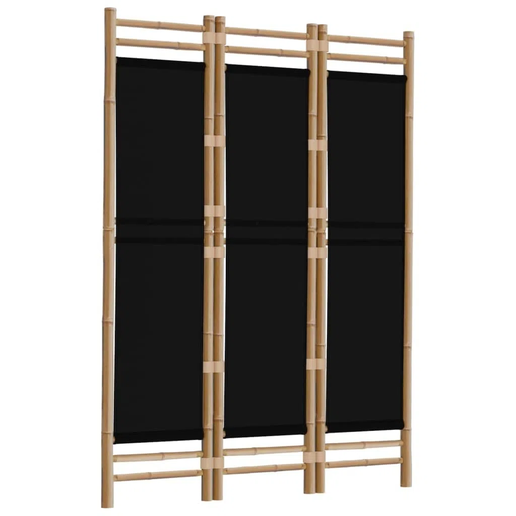 Paravent Pliant à 3 Panneaux, Bambou et Toile, Séparateur de Pièce Intérieur/Extérieur, Facile à Plier, Couleur Noire, 120 x 180 cm