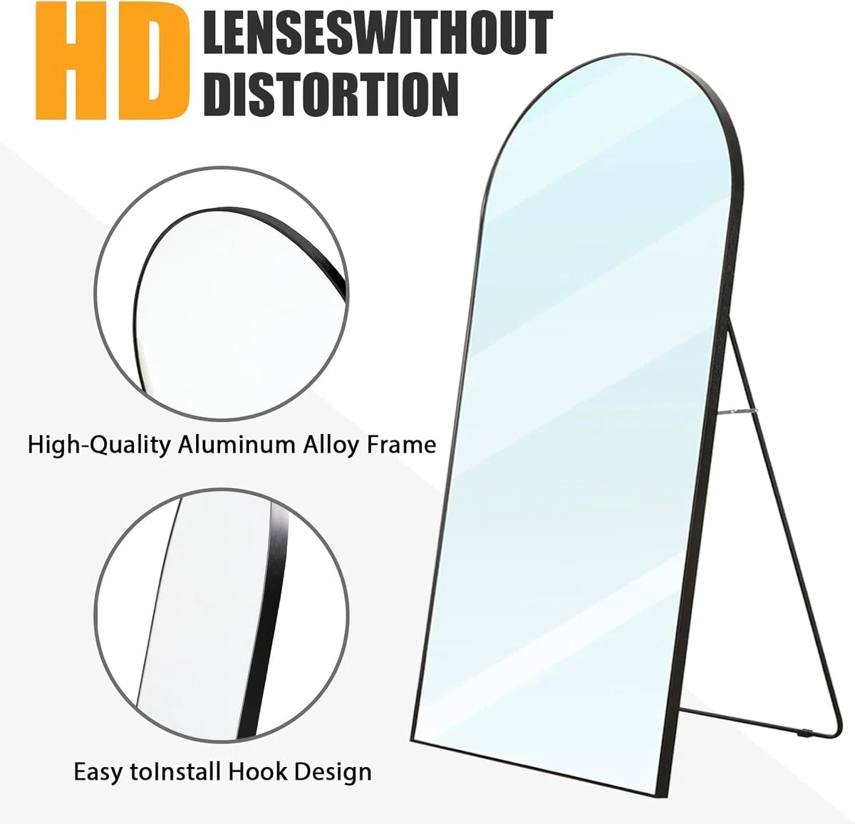 Grand Miroir sur Pied, 180 X 80 cm, avec Cadre en Aluminium, Support en Métal, Miroir Arche Incliné ou Suspendu, pour Salon, Chambre à Coucher, Entrée (Noir arqué, 180 x 80 cm)