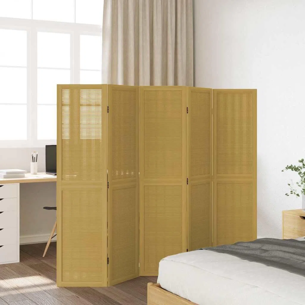 Lot de 5 paravents en bois massif de paulownia marron avec brise-vue en bambou, cloison de séparation pliable pour chambre à coucher, salon, bureau
