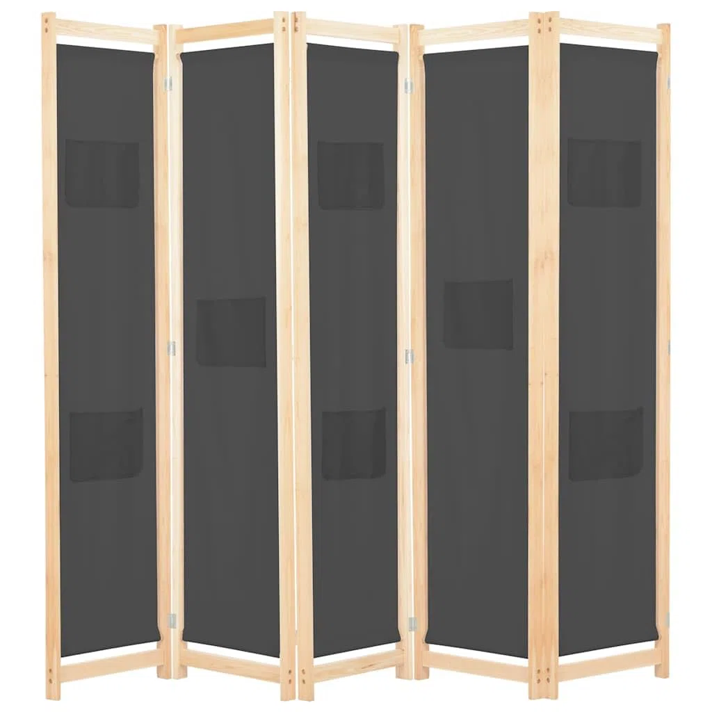 Cloison de séparation 5 Panneaux Gris en Tissu 200 x 170 x 4 cm Cadre Sapin Massif modulable pour délimitation Espace Chambre Salon Bureau Organisation et intimité