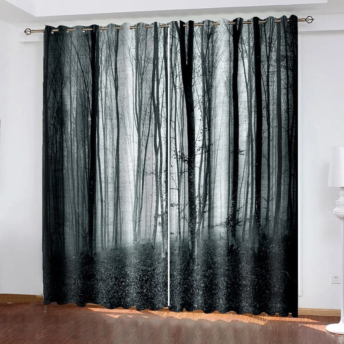 Voilage Cuisine, Rideau Salon Automne Blanc Gris Arbres Psychédéliques Polyester 2 Panneaux 488x229cm
