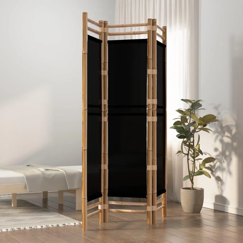 Paravent Pliant à 3 Panneaux, Bambou et Toile, Séparateur de Pièce Intérieur/Extérieur, Facile à Plier, Couleur Noire, 120 x 180 cm