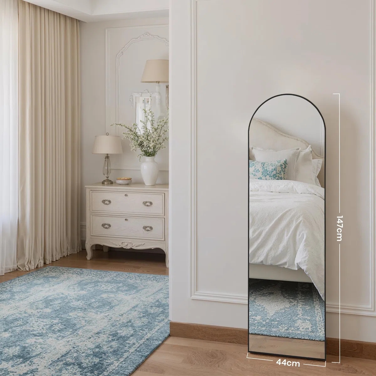Reflix Miroir complet - 147 x 44 cm - Miroir sur pied incurvé avec support - Cadre en alliage d'aluminium - Position debout ou appuyée - Pour chambre à coucher, salon - Noir