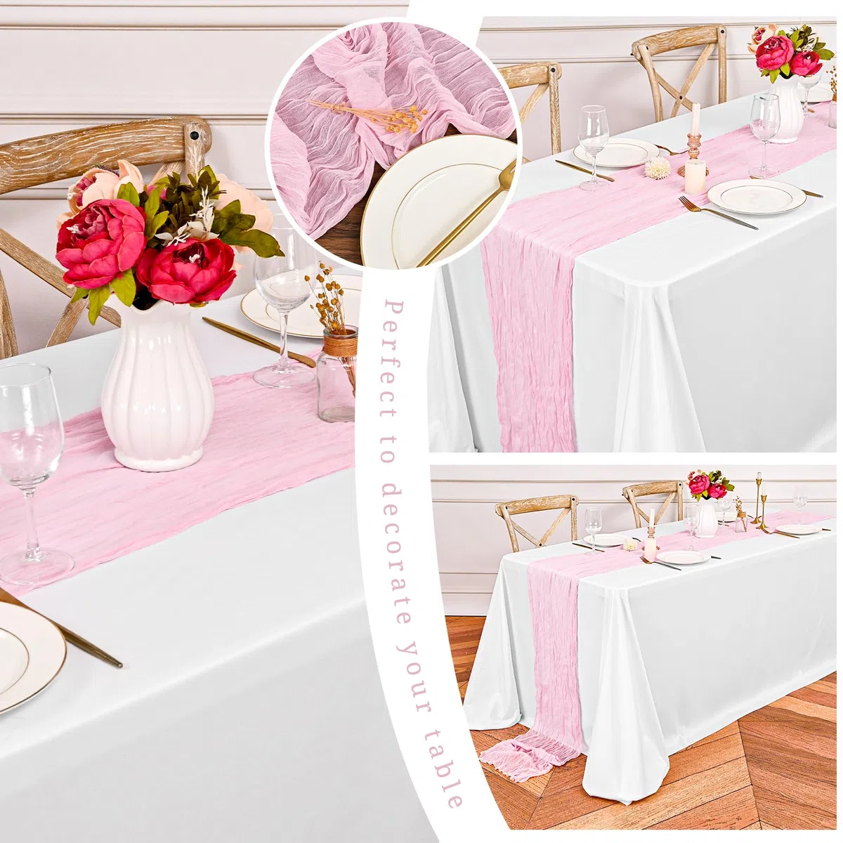 Lot de 3 chemins de Table en étamine, Chemin de Table Romantique Transparent - Chemin de Table Rustique en Gaze de Style bohème - pour fête de Mariage, fête prénuptiale - Rose Clair - 55 x 300 cm