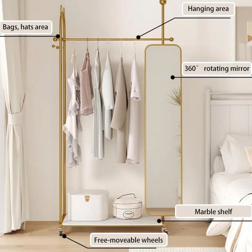 Miroirs Pleine Longueur Miroir Pleine Longueur Cintre intégré Rotatif ménage au Sol Vertical vestiaire Dressing Miroir Autonome(Noir)