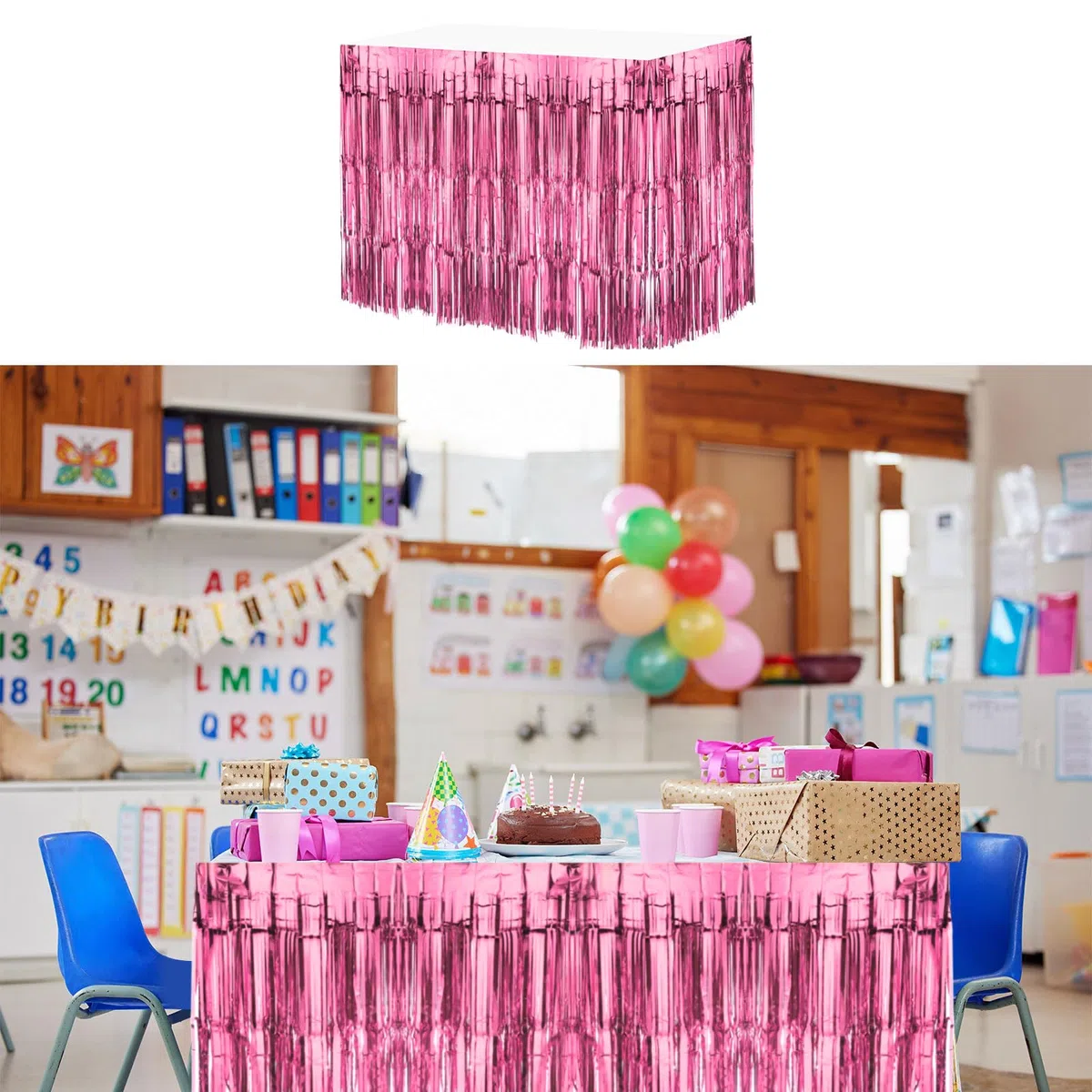 QUARKZMAN 2 Pcs 29x108 Pouces Rose Jupes de Table à Franges en Feuille Métallique, pour Tables Rectangulaires, Rideau d'Arrière-Plan pour Décoration de Mariage, Fête d'Anniversaire