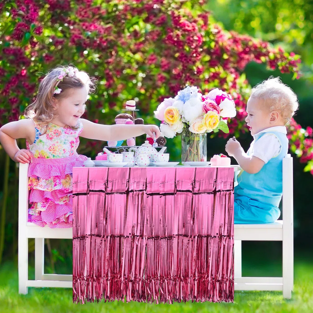 QUARKZMAN 2 Pcs 29x108 Pouces Rose Jupes de Table à Franges en Feuille Métallique, pour Tables Rectangulaires, Rideau d'Arrière-Plan pour Décoration de Mariage, Fête d'Anniversaire