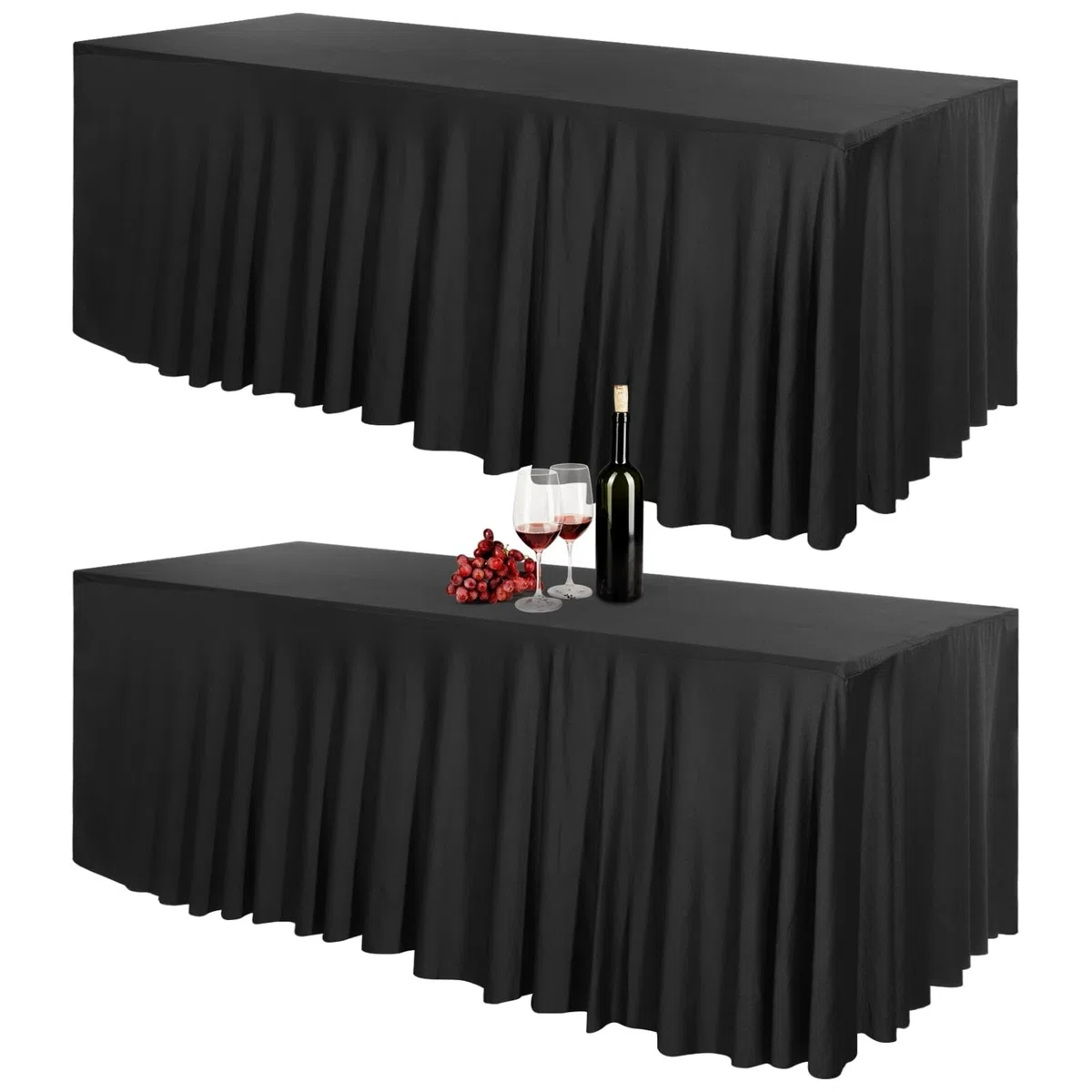 Lot de 2 jupes de table noires, housses extensibles en spandex pour tables rectangulaires de 1,83 m, cache-table élastique pour cocktails, mariages, banquets, expositions, fêtes et réceptions