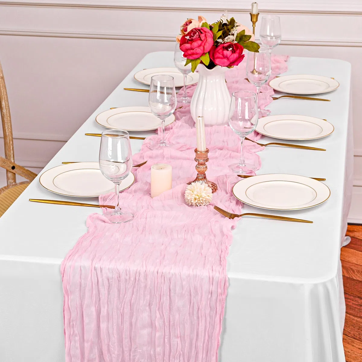 Lot de 3 chemins de Table en étamine, Chemin de Table Romantique Transparent - Chemin de Table Rustique en Gaze de Style bohème - pour fête de Mariage, fête prénuptiale - Rose Clair - 55 x 300 cm