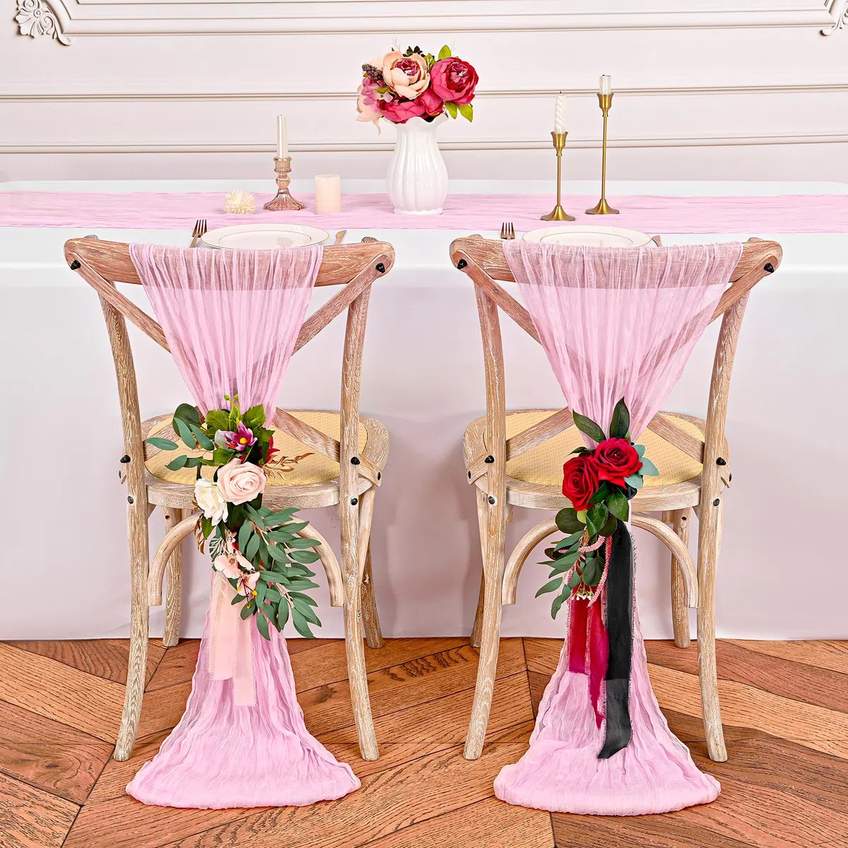 Lot de 3 chemins de Table en étamine, Chemin de Table Romantique Transparent - Chemin de Table Rustique en Gaze de Style bohème - pour fête de Mariage, fête prénuptiale - Rose Clair - 55 x 300 cm